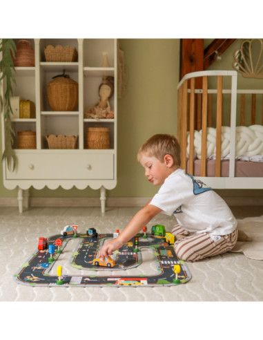 WOOPIE GREEN Zestaw Drewnianych Pojazdów i Znaków Drogowych