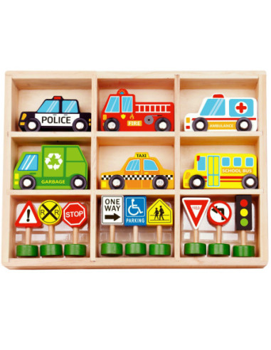 WOOPIE GREEN Zestaw Drewnianych Pojazdów i Znaków Drogowych