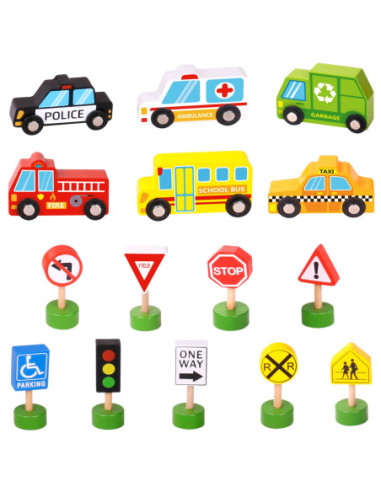 WOOPIE GREEN Zestaw Drewnianych Pojazdów i Znaków Drogowych