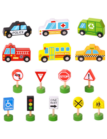 WOOPIE GREEN Zestaw Drewnianych Pojazdów i Znaków Drogowych