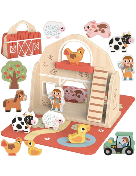 TOOKY TOY Drewniana Składana Farma w Walizce ze Zwierzątkami