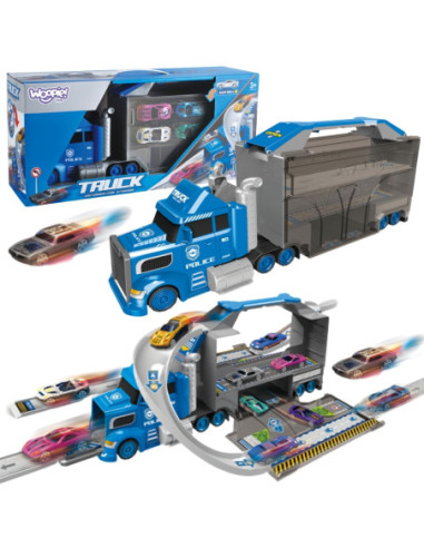 WOOPIE Zestaw Ciężarówka Policyjna Laweta Garaż Tor Wyścigowy