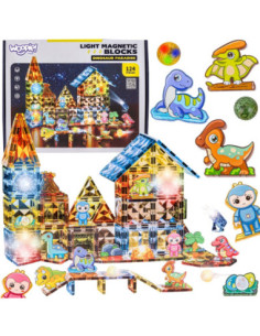 WOOPIE Klocki Magnetyczne Konstrukcyjne Świecące 3D Park Dinozaurów 124el.