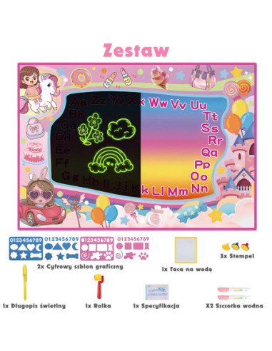 WOOPIE Mata Wodna do Malowania 2w1 XXL 100x70cm Świeci w Ciemności