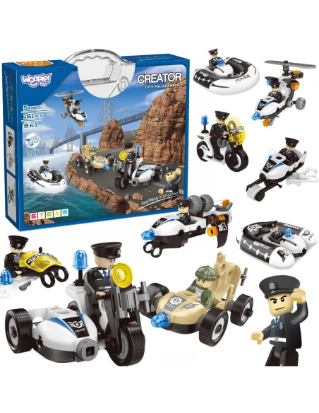 WOOPIE Klocki Konstrukcyjne Zbuduj Pojazdy Policyjne 8 Modeli STEAM – Zostań bohaterem miasta!