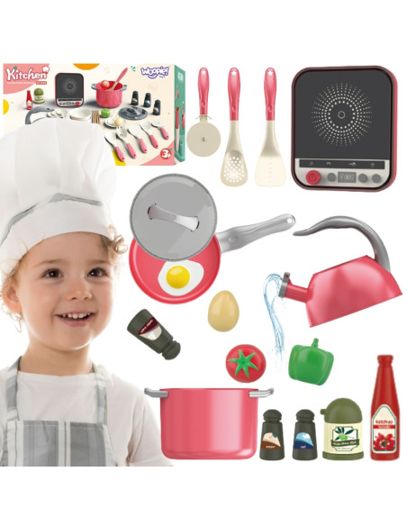 WOOPIE Zestaw Małego Kucharza Indukcja Garnki Patelnia Czajnik Różowy 30el.