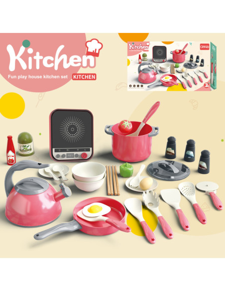 WOOPIE Zestaw Małego Kucharza Indukcja Garnki Patelnia Czajnik Różowy 30el.