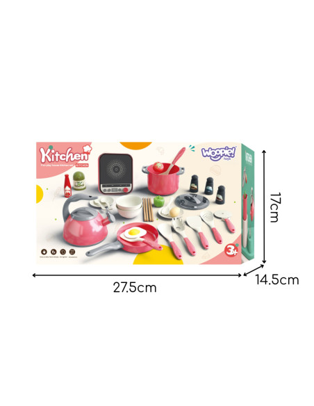 WOOPIE Zestaw Małego Kucharza Indukcja Garnki Patelnia Czajnik Różowy 30el.