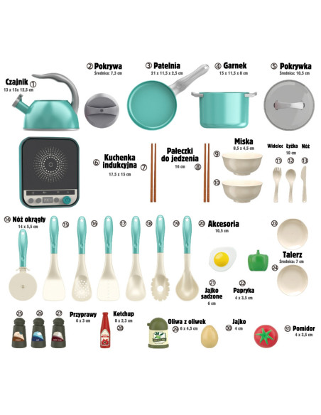 WOOPIE Zestaw Małego Kucharza Indukcja Garnki Patelnia Czajnik Zielony 30el.