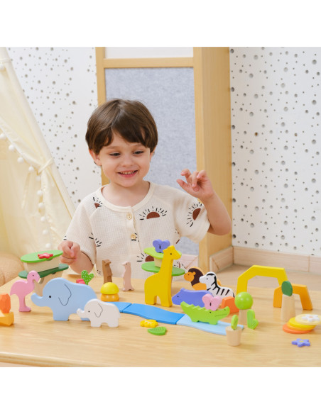 VIGA Drewniane Klocki Kolorowe Opowieści Tropikalne Pudełko 55el.