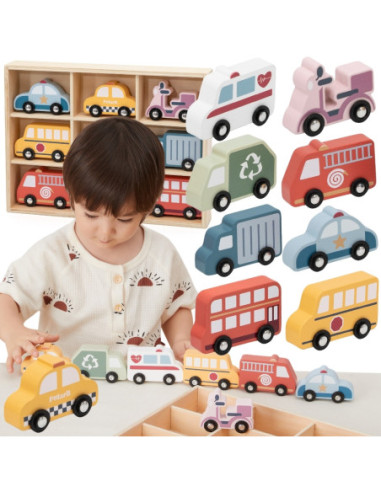 VIGA Drewniany Zestaw Kolorowych Pojazdów Miejskich 9szt.