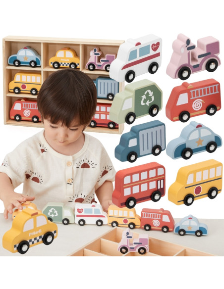VIGA Drewniany Zestaw Kolorowych Pojazdów Miejskich 9szt.