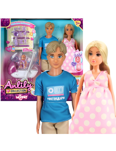 WOOPIE Zestaw Lalek Rodzina Lily w Ciąży Tata Niemowlak Wózek Akcesoria