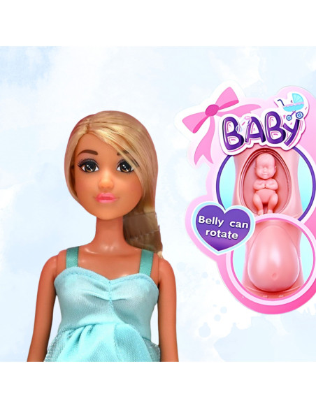 WOOPIE Lalka Lily z Brzuszkiem w Ciąży Niemowlak Błękitna Sukienka