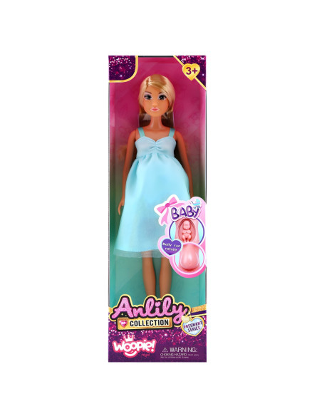 WOOPIE Lalka Lily z Brzuszkiem w Ciąży Niemowlak Błękitna Sukienka