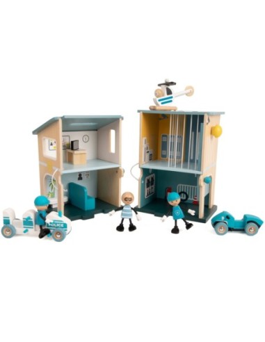 CLASSIC WORLD Posterunek Policji Drewniany Samochód Helikopter FIgurki 12el.