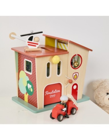 CLASSIC WORLD Remiza Strażacka Drewniana Garaż Auto Helikopter Figurki 13el.