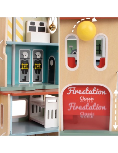 CLASSIC WORLD Remiza Strażacka Drewniana Garaż Auto Helikopter Figurki 13el.