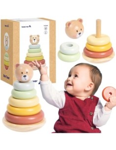 TOOKY TOY Drewniana Układanka Sensoryczna Piramidka Miś Sensoryczny Kolorowy Stacker
