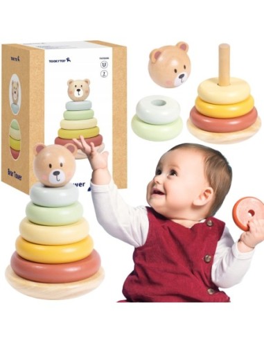 TOOKY TOY Drewniana Układanka Sensoryczna Piramidka Miś Sensoryczny Kolorowy Stacker