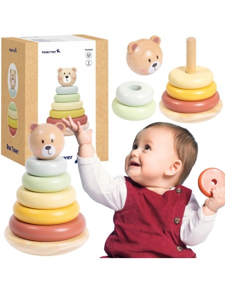 TOOKY TOY Drewniana Układanka Sensoryczna Piramidka Miś Sensoryczny Kolorowy Stacker