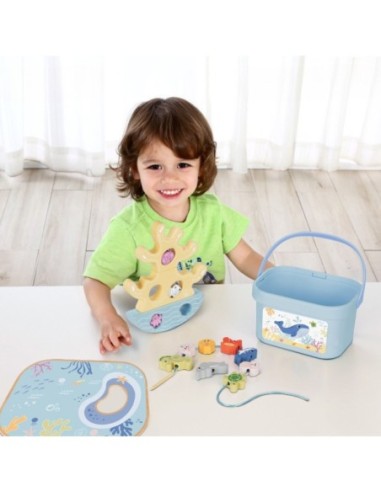 TOOKY TOY Drewniany Zestaw Morskich Zabawek Wieża Balansująca Łowienie Ryb Figurki 23 Elementy