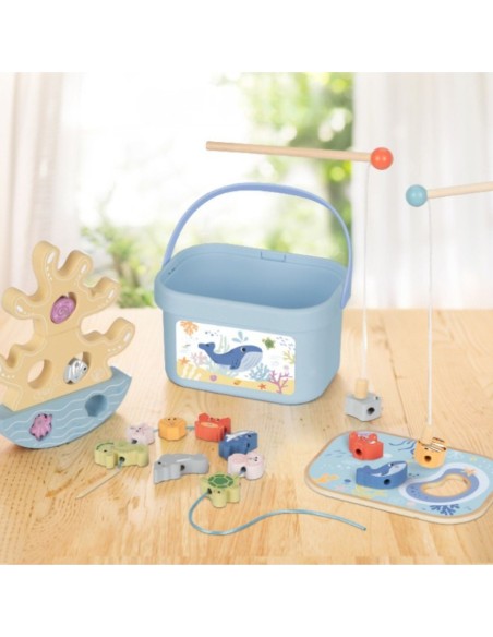 TOOKY TOY Drewniany Zestaw Morskich Zabawek Wieża Balansująca Łowienie Ryb Figurki 23 Elementy