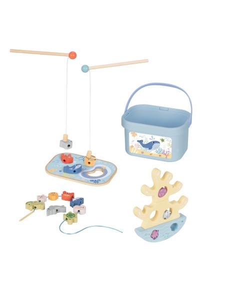 TOOKY TOY Drewniany Zestaw Morskich Zabawek Wieża Balansująca Łowienie Ryb Figurki 23 Elementy