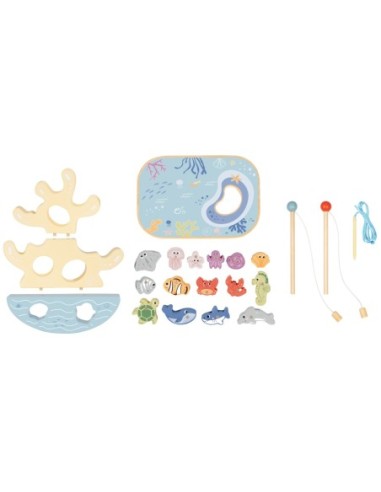 TOOKY TOY Drewniany Zestaw Morskich Zabawek Wieża Balansująca Łowienie Ryb Figurki 23 Elementy