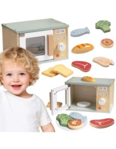 TOOKY TOY Drewniana Kuchenka Mikrofalowa Zestaw Produktów Sporzywczych