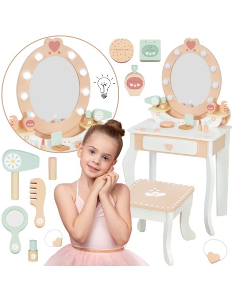 TOOKY TOY Drewniana Toaletka z Krzesełkiem Akcesoria Lustro + Kosmetyki
