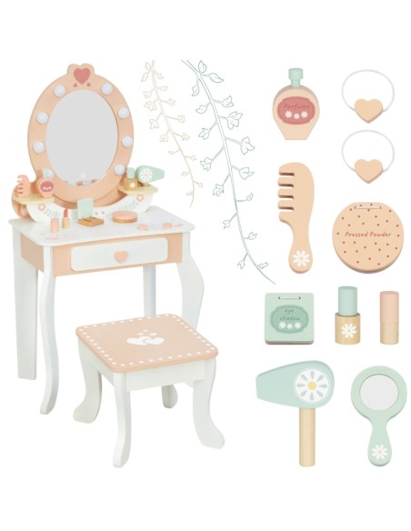TOOKY TOY Drewniana Toaletka z Krzesełkiem Akcesoria Lustro + Kosmetyki