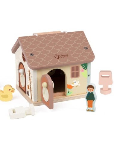 CLASSIC WORLD Drewniany Domek Sensoryczny Edukacyjny z Zamkami Kłódkami 11el.