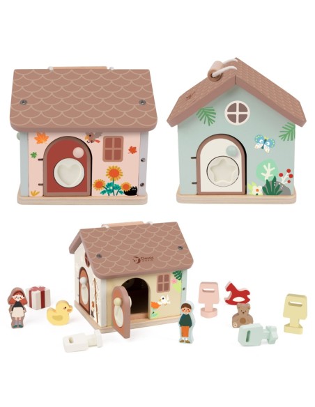 CLASSIC WORLD Drewniany Domek Sensoryczny Edukacyjny z Zamkami Kłódkami 11el.