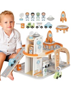 TOOKY TOY Drewniany Kosmiczny Parking - Stacja Kosmiczna dla Dzieci