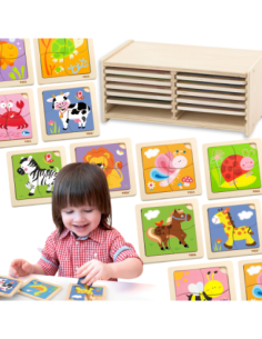 VIGA Wooden Puzzle 12 boards, 4 puzzles each, in a stand