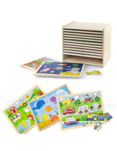 Puzzle drewniane 12 plansz po 24 puzzle w stojaku Viga Toys