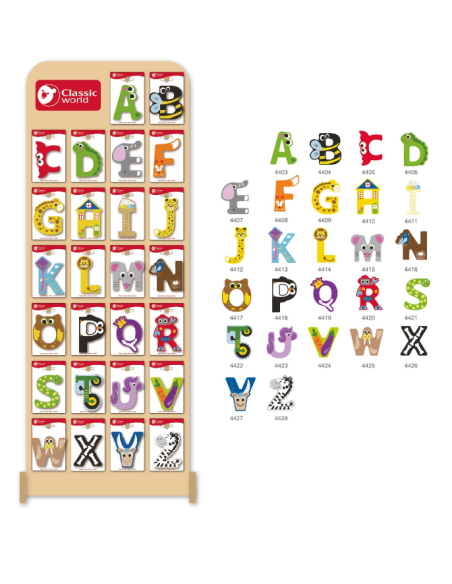 Zestaw Drewnianych  Literek + Ekspozytor 70 elementów