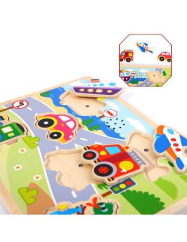 TOOKY TOY Drewniane Puzzle Dźwiękowe Układanka Pojazdy do Dopasowania